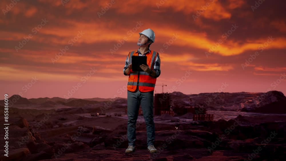 Full Body Of Asian Male Engineer With Safety Helmet Looking At The Tablet In His Hand And Looking Around While Standing at Construction Site, Mining Machinery Full Body Of Asian Male Engineer With Safety Helmet Looking At The Tablet In His Hand And Looking Around While Standing at Construction Site, Mining Machinery