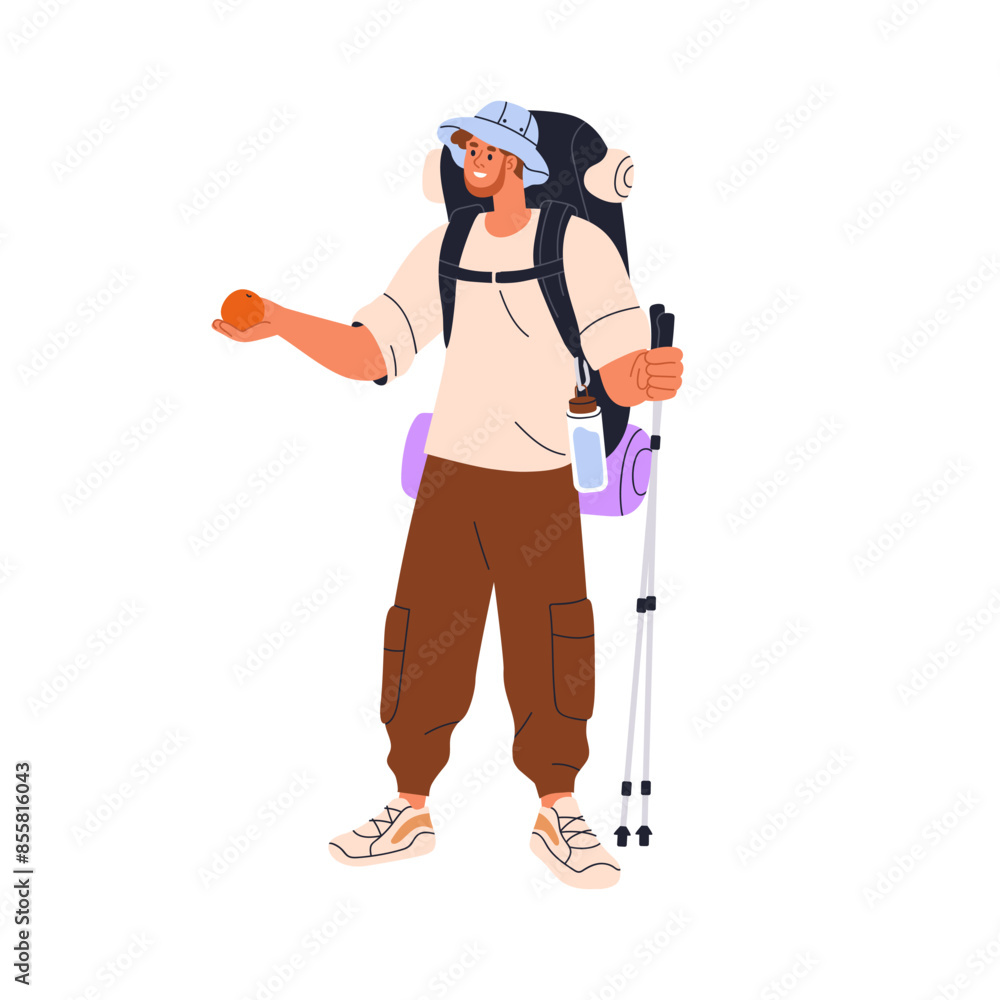 Hiker hiking with backpack. Man backpacker trekking, adventure travel. Happy tourist enjoying active outdoor activity, holding fruit snack. Flat vector illustration isolated on white background Hiker hiking with backpack. Man backpacker trekking, adventure travel. Happy tourist enjoying active outdoor activity, holding fruit snack. Flat vector illustration isolated on white background