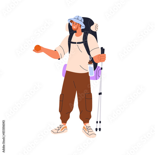Hiker hiking with backpack. Man backpacker trekking, adventure travel. Happy tourist enjoying active outdoor activity, holding fruit snack. Flat vector illustration isolated on white background