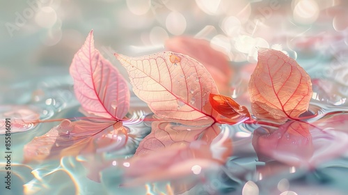 Pink and clear leaves floating in water, meticulously detailed and delicately depicted flora, luminous lighting, unusual cropping, light white and orange hues, delicate constructions. photo