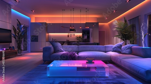 A sleek and modern living room featuring automated lighting and a comfortable sectional sofa. Generative AI photo