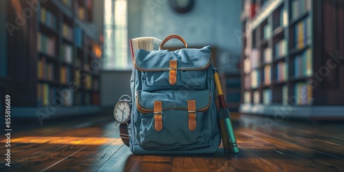 A school bag packed with essentials--books peeking out, an alarm clock partially visible, and accessories like highlighter photo