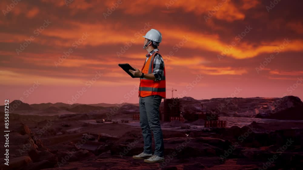 Full Body Side View Of Asian Male Engineer With Safety Helmet Looking At The Tablet In His Hand And Looking Around While Standing at Construction Site, Mining Machinery Full Body Side View Of Asian Male Engineer With Safety Helmet Looking At The Tablet In His Hand And Looking Around While Standing at Construction Site, Mining Machinery