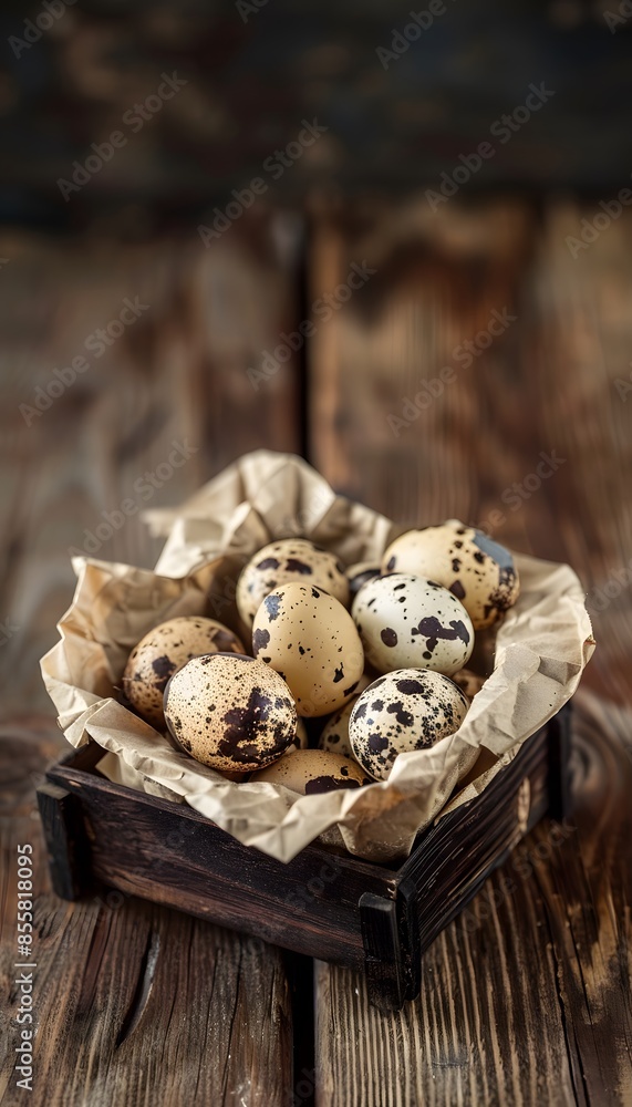 Quail eggs in a wooden box. Quail eggs in a wooden box.