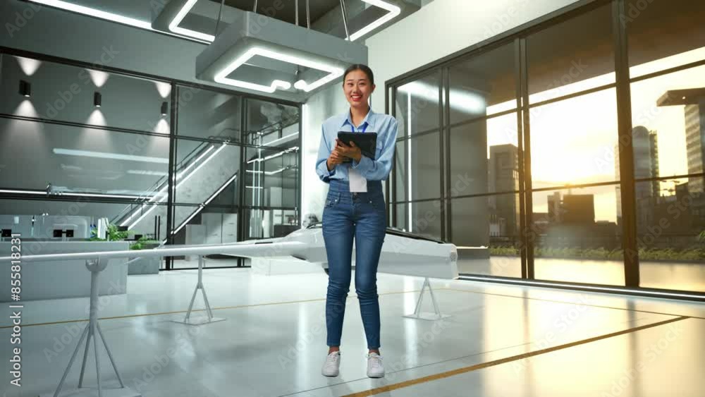 Full Body Of An Asian Female Professional Worker Standing With Drone Project, High-tech Industrial Facility, Typing On Tablet'S Keyboard And Looking Camera And Smiling Full Body Of An Asian Female Professional Worker Standing With Drone Project, High-tech Industrial Facility, Typing On Tablet'S Keyboard And Looking Camera And Smiling