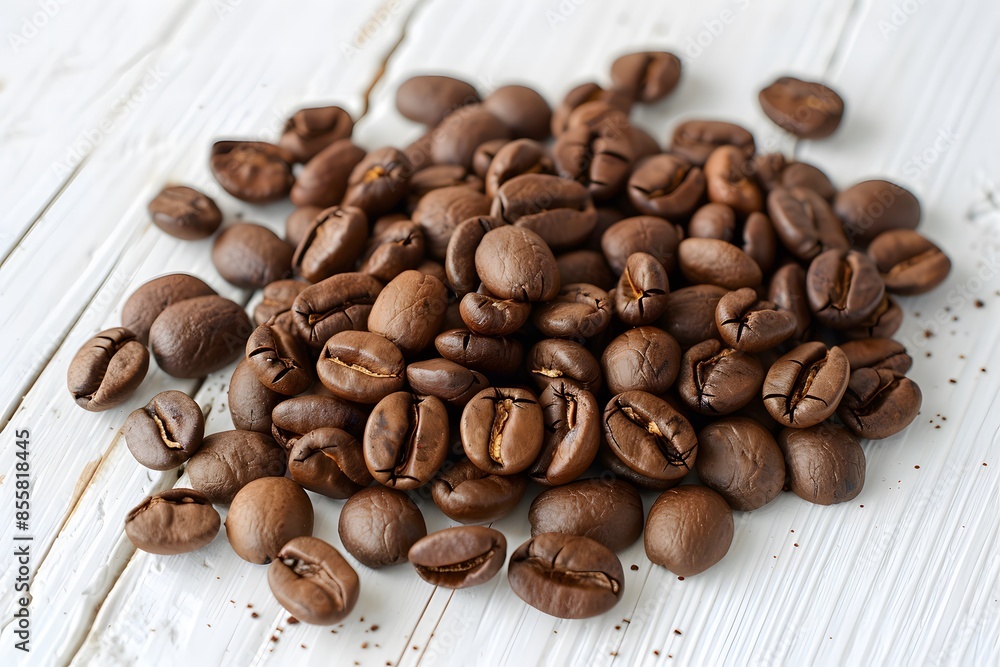 Fototapeta premium Roasted coffee beans on a white wooden background.