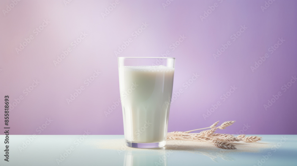 Glass of tasty oat milk on purple background Glass of tasty oat milk on purple background