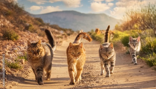 Paws in Motion: A Group of Cats Walking Down a Dirt Road