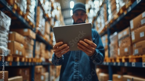 logistics warehouse employee with a tablet against the background of a rack with boxes of parcels and goods photo