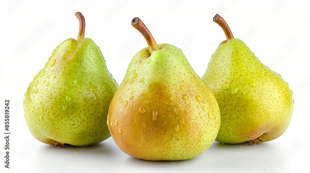 Three vibrant pears, dew-kissed and fresh, radiate with a soft green glow against a pristine white background. Three vibrant pears, dew-kissed and fresh, radiate with a soft green glow against a pristine white background.