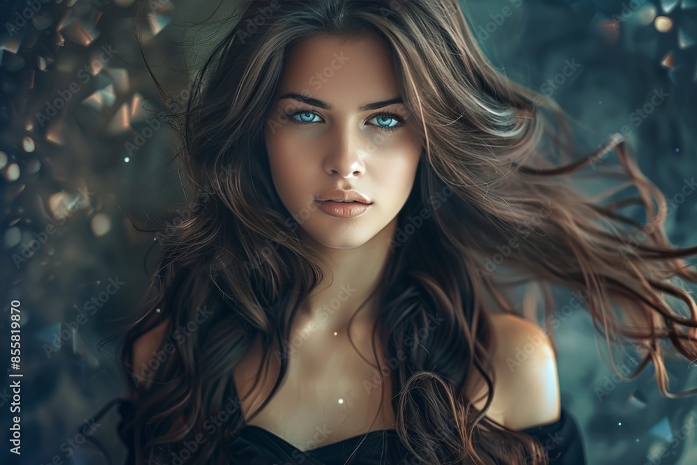 Stunning image chic brunette with gorgeous, shiny long hair, creating an enchanting visual Stunning image chic brunette with gorgeous, shiny long hair, creating an enchanting visual