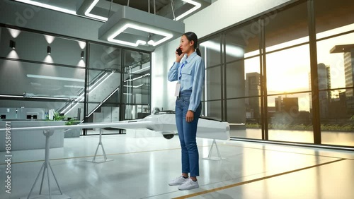 Wallpaper Mural Full Body Side View Of An Asian Female Professional Worker Standing With Drone Project, High-tech Industrial Facility, She Is Speaking With Someone In The Phone Torontodigital.ca