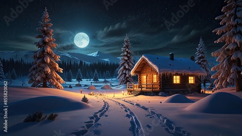 A festive village scene with a cozy house nestled in snow under a starry winter night sky