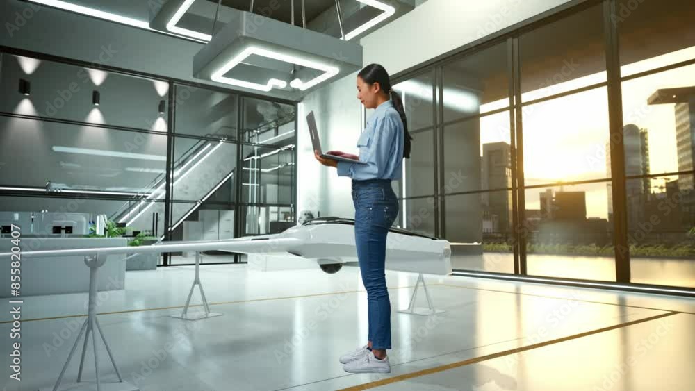 Full Body Side View Of An Asian Female Professional Worker Standing With Her Laptop With Drone Project, High-tech Industrial Facility, Typing And Dissapionted With Nodding Her Shead Full Body Side View Of An Asian Female Professional Worker Standing With Her Laptop With Drone Project, High-tech Industrial Facility, Typing And Dissapionted With Nodding Her Shead