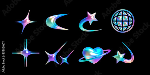 Set of 3d holographic shapes in y2k style. Includes stars, crescent, comet, globe, spark, and heart with ring. Shiny chrome elements with glossy surfaces for futuristic, sci-fi, cosmic, modern designs