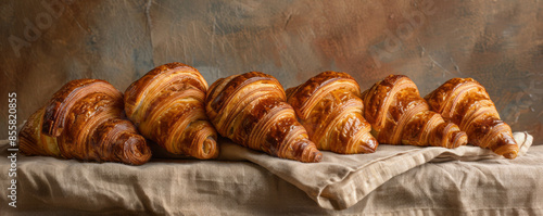 A mouthwatering still life arrangement of freshly baked croissants, their flaky layers and buttery aroma tempting the senses. photo