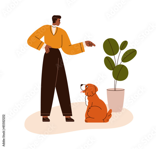 Dog obedience training. Pet owner teaching obedient puppy keep out of potted ...