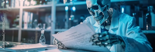 Skeleton studying documents in a lab - A surreal concept image of a human skeleton wearing a lab coat, reviewing papers in a science laboratory setting
