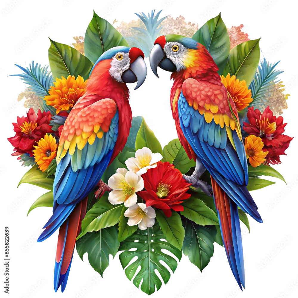 Fototapeta premium Macaws face each other on a log decorated with flowers.