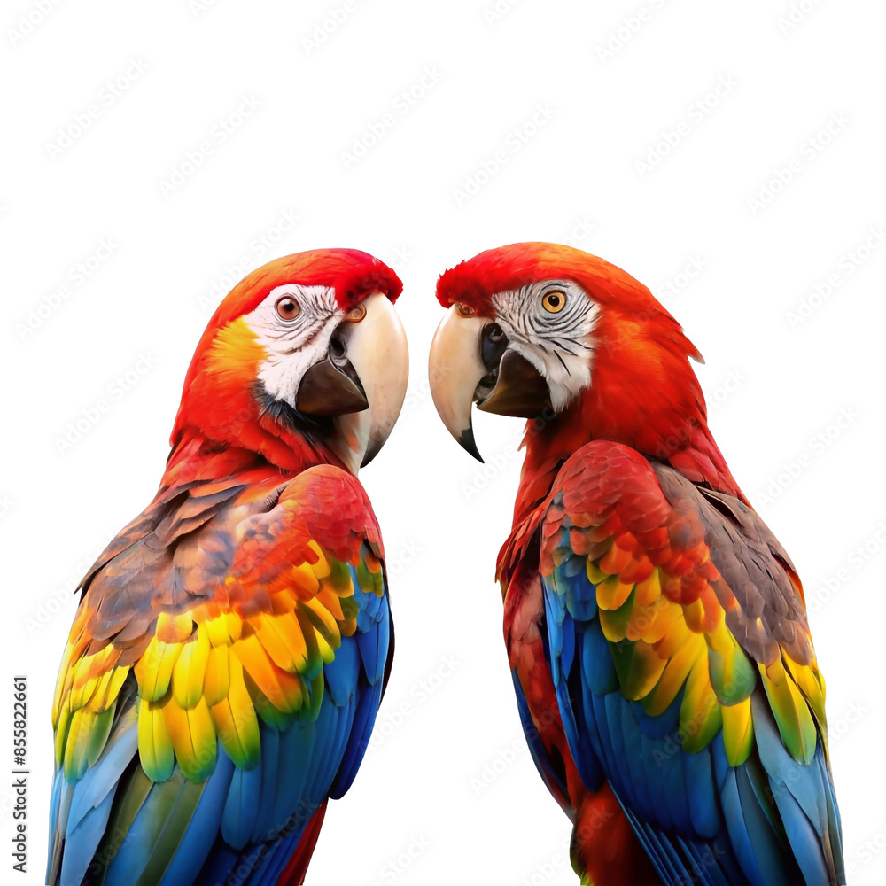Macaws facing each other on transparent isolated background.