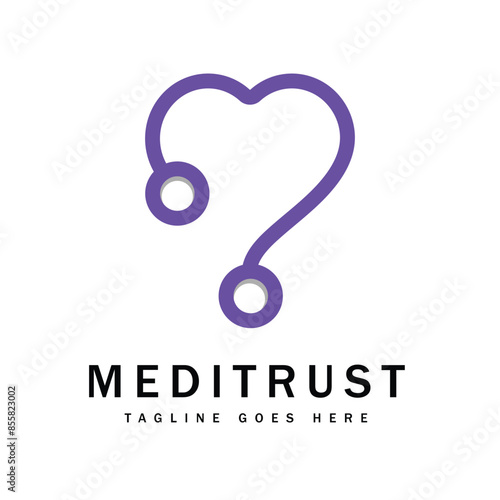 Stethoscope with purple heart shape. Logos for companies operating in the medical sector, such as clinics, hospitals or health insurance providers.
