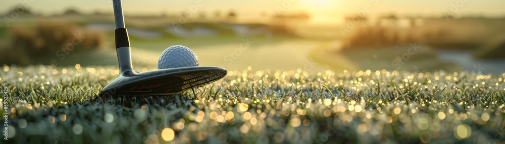 Close-up portrait of golf club and ball on tee at sunrise, dewy morning ambiance on manicured grass. Close-up portrait of golf club and ball on tee at sunrise, dewy morning ambiance on manicured grass.