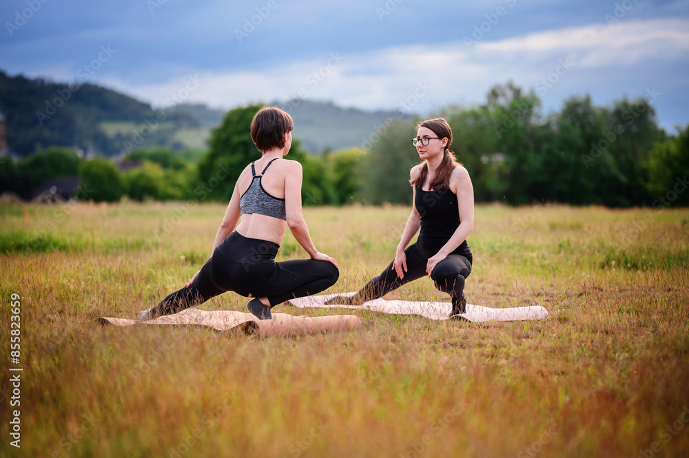 Two women in athletic wear perform yoga lunges on mats in a grassy field, focusing on their form and balance, with a scenic view of nature. Two women in athletic wear perform yoga lunges on mats in a grassy field, focusing on their form and balance, with a scenic view of nature.