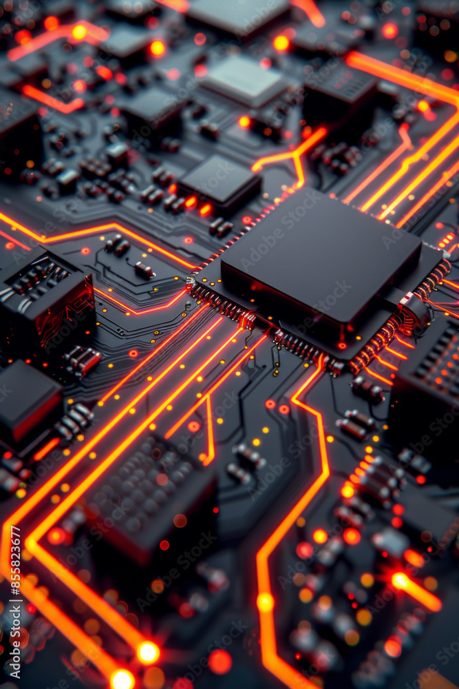 Glowing pathways and electronic components on dark background, futuristic design. Glowing pathways and electronic components on dark background, futuristic design.