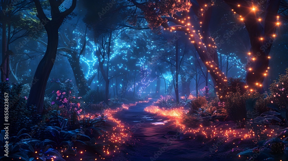 Glowing Bioluminescent Forest Pathway with Holographic Wildlife in Serene Nighttime Cyber Setting Glowing Bioluminescent Forest Pathway with Holographic Wildlife in Serene Nighttime Cyber Setting