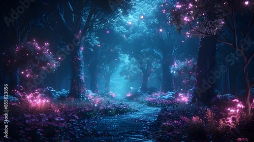 Enchanted Bioluminescent Forest A Serene Cyber Landscape of Glowing Wonder © Thares2020
