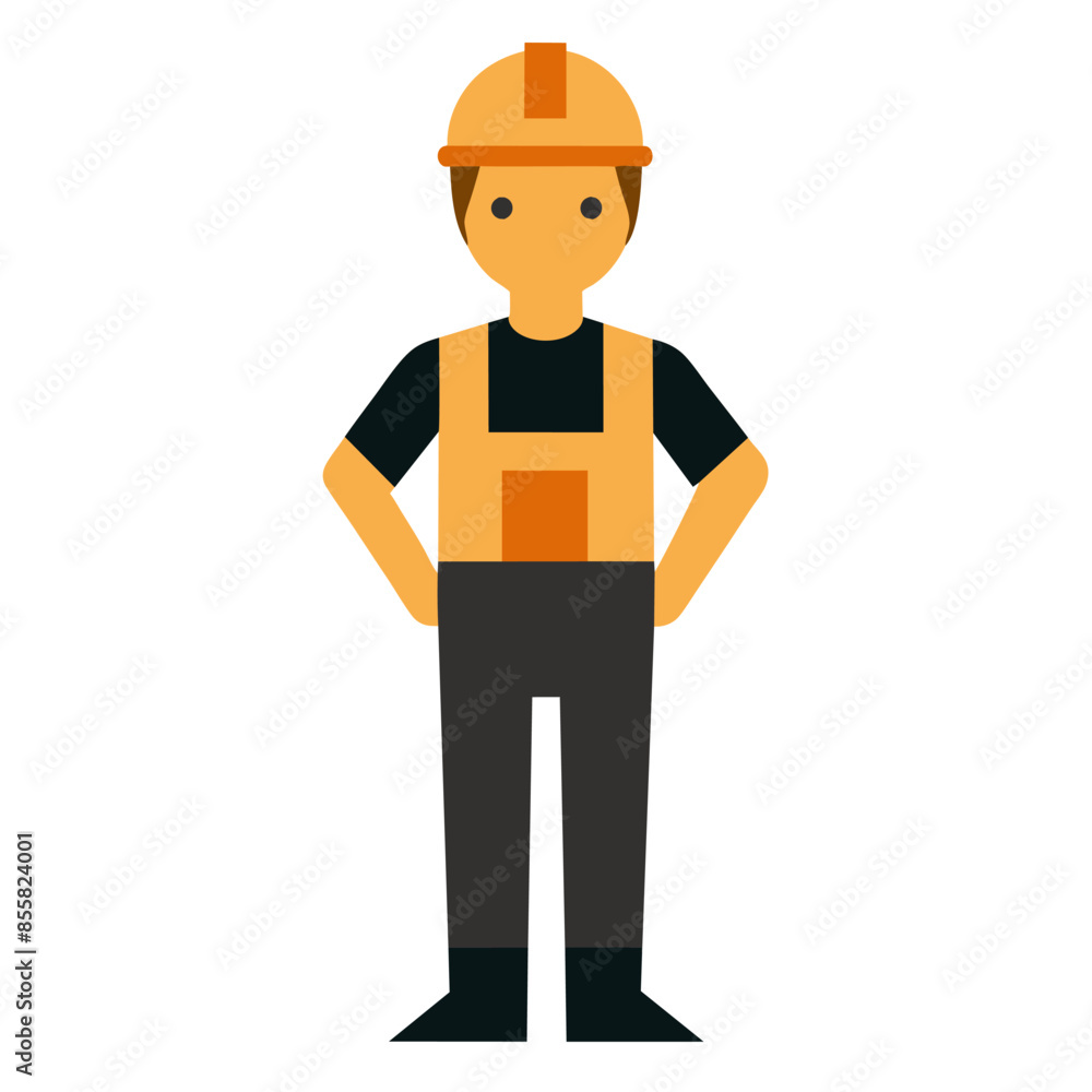 Construction worker in hard hat and safety vest standing with hands on hips Construction worker in hard hat and safety vest standing with hands on hips