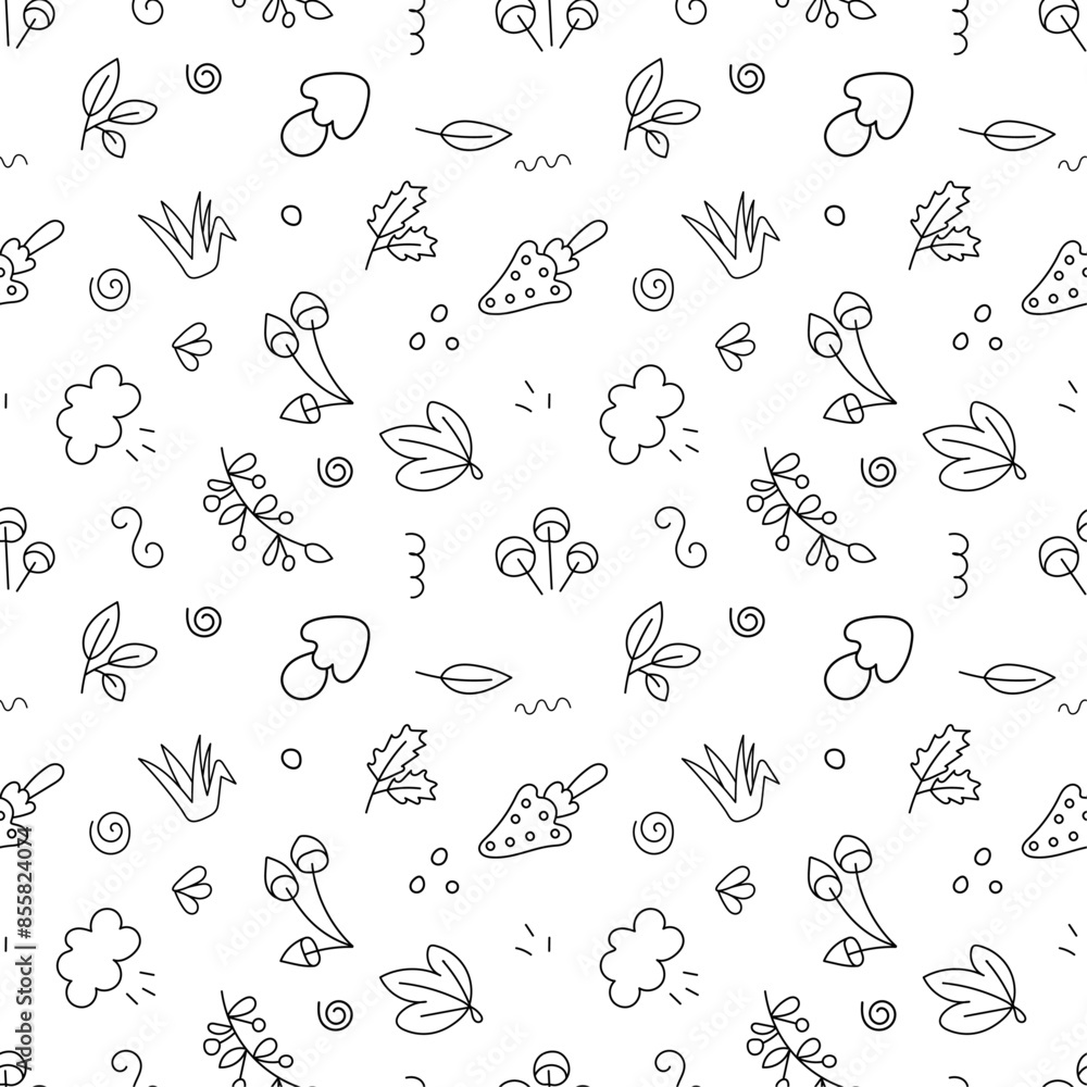 Fototapeta premium Pattern of mushrooms and leaves doodle