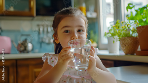 A cute child drinks crystal-clear water from a glass in the kitchen at home. photo