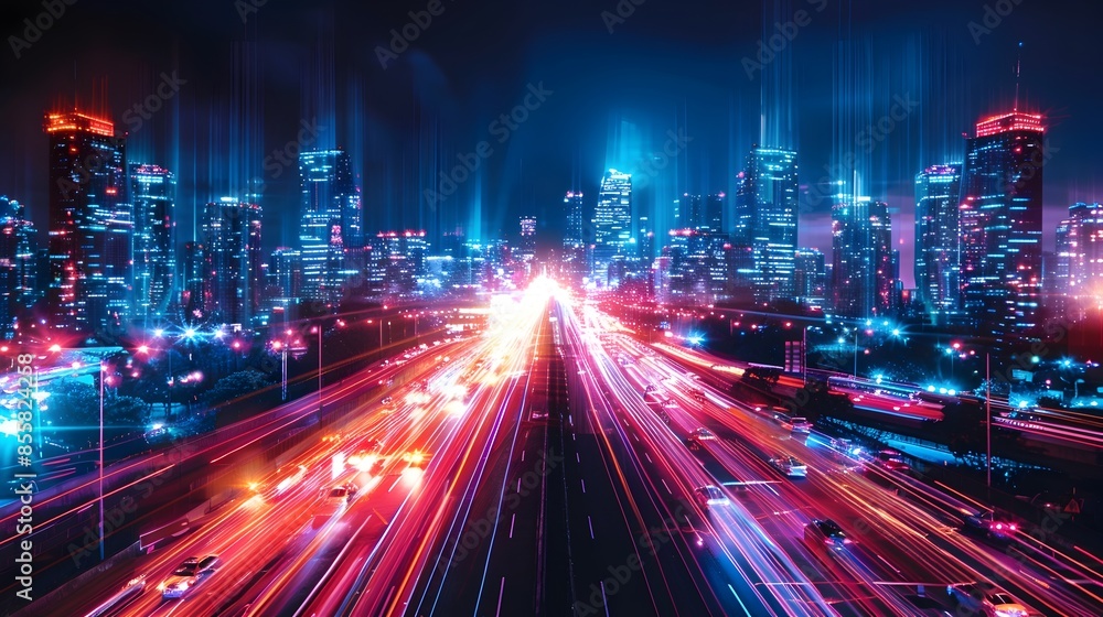 Dazzling Neon Lit Cityscape at Night with Futuristic Skyscrapers and Glowing Holograms Dazzling Neon Lit Cityscape at Night with Futuristic Skyscrapers and Glowing Holograms