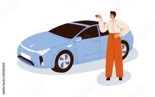 Man holding car keys. Happy male character with new automobile purchase. Auto dealer, seller, salesman standing by vehicle. Transport owner. Flat vector illustration isolated on white background
