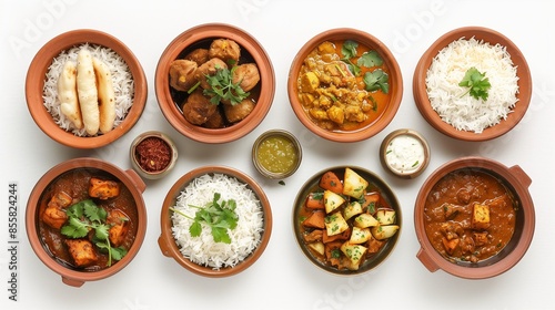 Top view of various Indian dishes in clay containers on a white background.