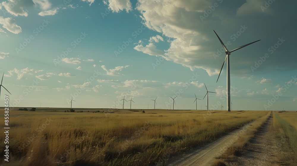 Obraz premium A wind farm with a large wind turbine in the middle of a field