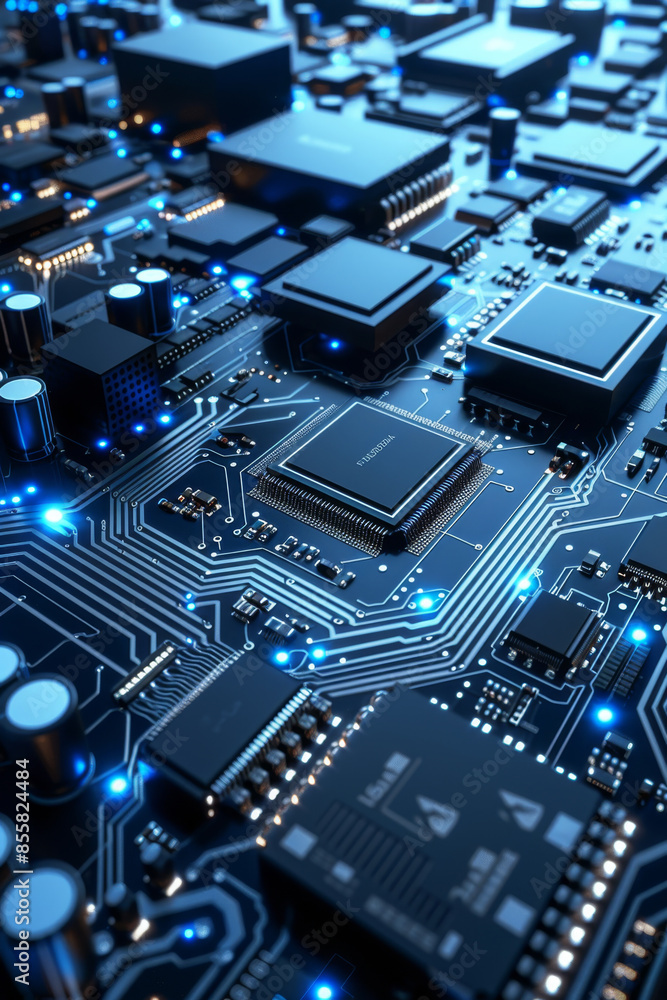 Intricate computer chips on sleek surface with soft blue and white lights, embodying cutting-edge technology. Intricate computer chips on sleek surface with soft blue and white lights, embodying cutting-edge technology.
