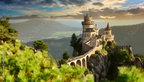 Majestic Castle Perched on a Clifftop in a Fantasy World at Sunset photo