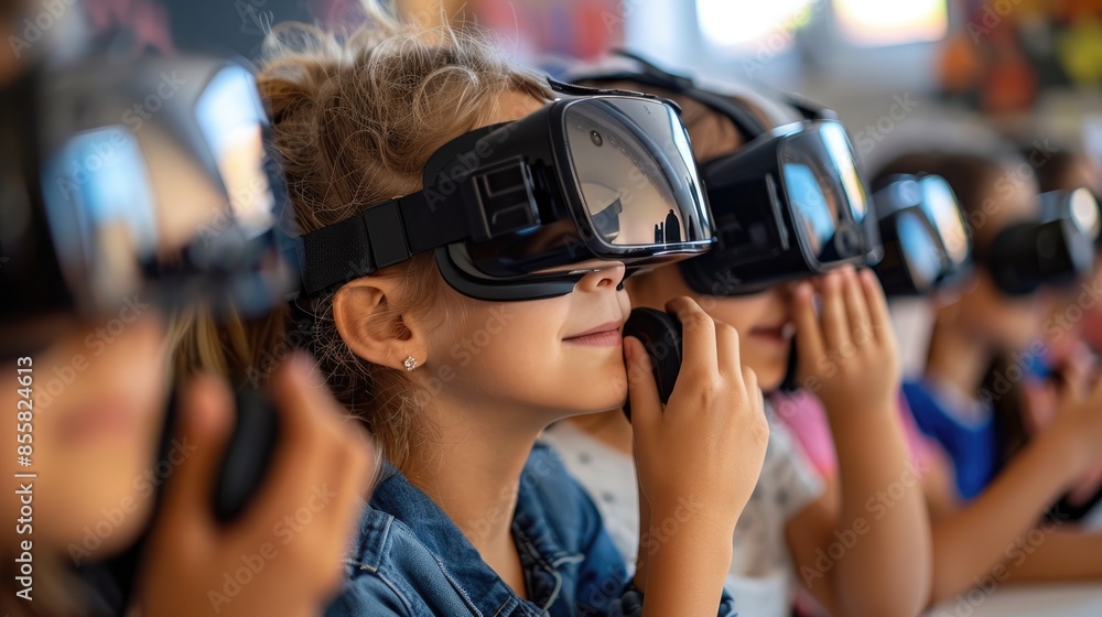Children experiencing virtual reality in a classroom setting, engaging in innovative and immersive learning activities with VR headsets.