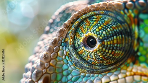 Close-Up of Colorful Chameleon Eye with Detailed Texture and Vibrant Patterns in Nature © TPS Studio