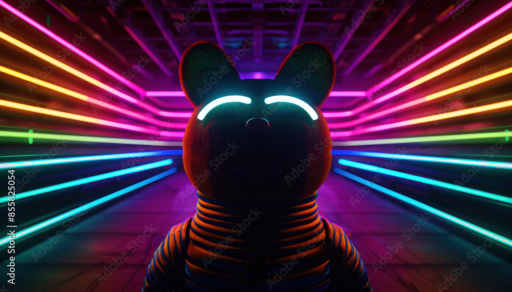 Obraz premium A bear is standing in a neon light tunnel