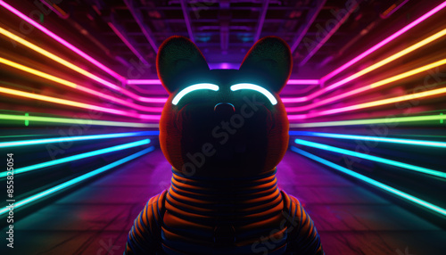 A bear is standing in a neon light tunnel