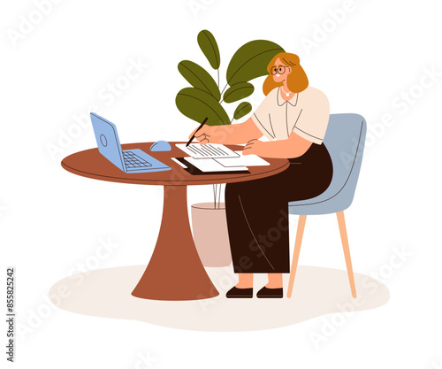 Woman works with laptop and papers on desk. Business person filling forms, signing documents, sitting at round table with notebook computer. Flat vector illustration isolated on white background