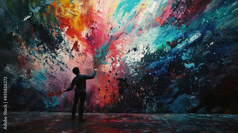 Fototapeta premium Man Standing in Front of Vibrant Abstract Art Installation in Modern Gallery