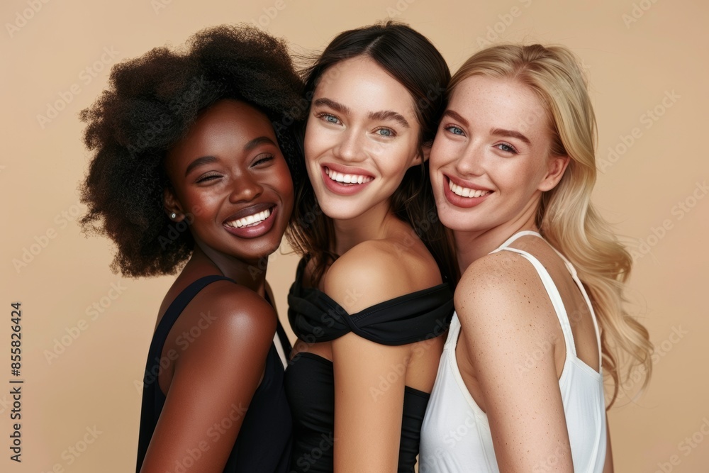 Three Multi Ethnic Group of Womans with diffrent types of skin and age groups together and looking on camera. Diverse ethnicity women - Caucasian, African and Asian posing and smiling. Three Multi Ethnic Group of Womans with diffrent types of skin and age groups together and looking on camera. Diverse ethnicity women - Caucasian, African and Asian posing and smiling.