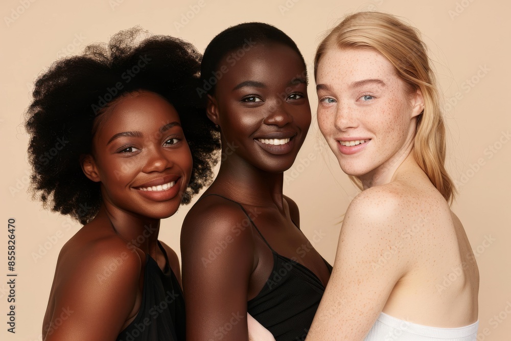 Three Multi Ethnic Group of Womans with diffrent types of skin and age groups together and looking on camera. Diverse ethnicity women - Caucasian, African and Asian posing and smiling. Three Multi Ethnic Group of Womans with diffrent types of skin and age groups together and looking on camera. Diverse ethnicity women - Caucasian, African and Asian posing and smiling.