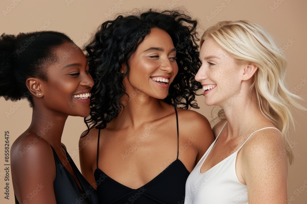 Three Multi Ethnic Group of Womans with diffrent types of skin and age groups together and looking on camera. Diverse ethnicity women - Caucasian, African and Asian posing and smiling. Three Multi Ethnic Group of Womans with diffrent types of skin and age groups together and looking on camera. Diverse ethnicity women - Caucasian, African and Asian posing and smiling.
