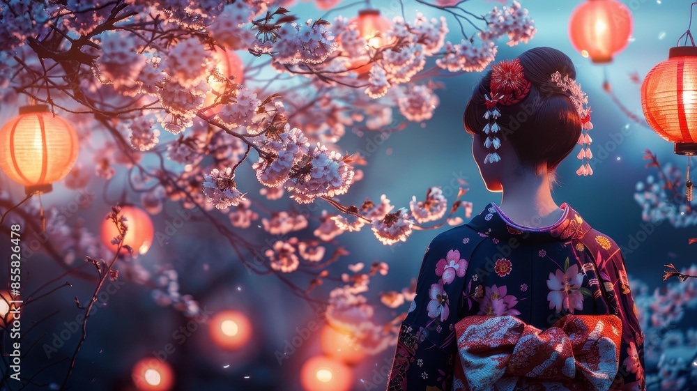 Traditional Japanese Woman in Kimono Admiring Cherry Blossoms and Lanterns at Night Traditional Japanese Woman in Kimono Admiring Cherry Blossoms and Lanterns at Night