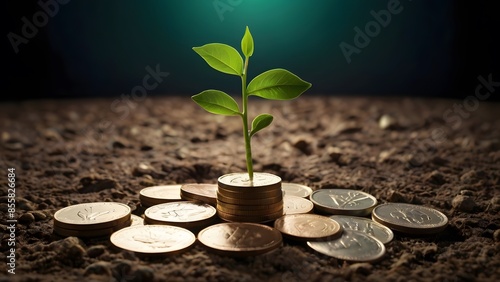 a plant seed grows from a pile of coins perfect for investmen, financial growth concept photo